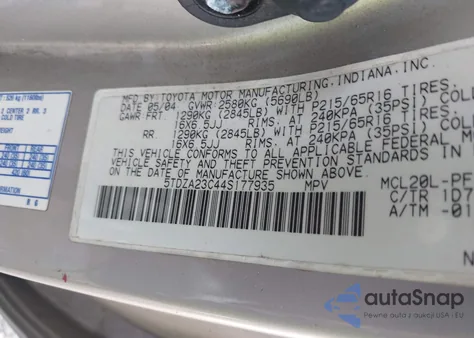 2004 Toyota Sienna Ce from USA, damaged, VIN 5TDZA23C44S177935